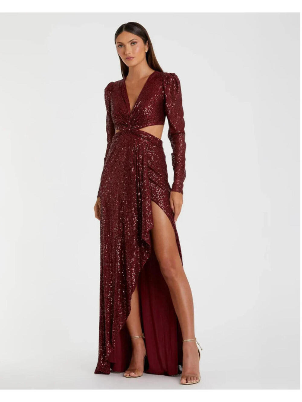 NWT Mac Duggal Wine 26739 Sequined Cross Cutout Long Sleeve Gown size 6